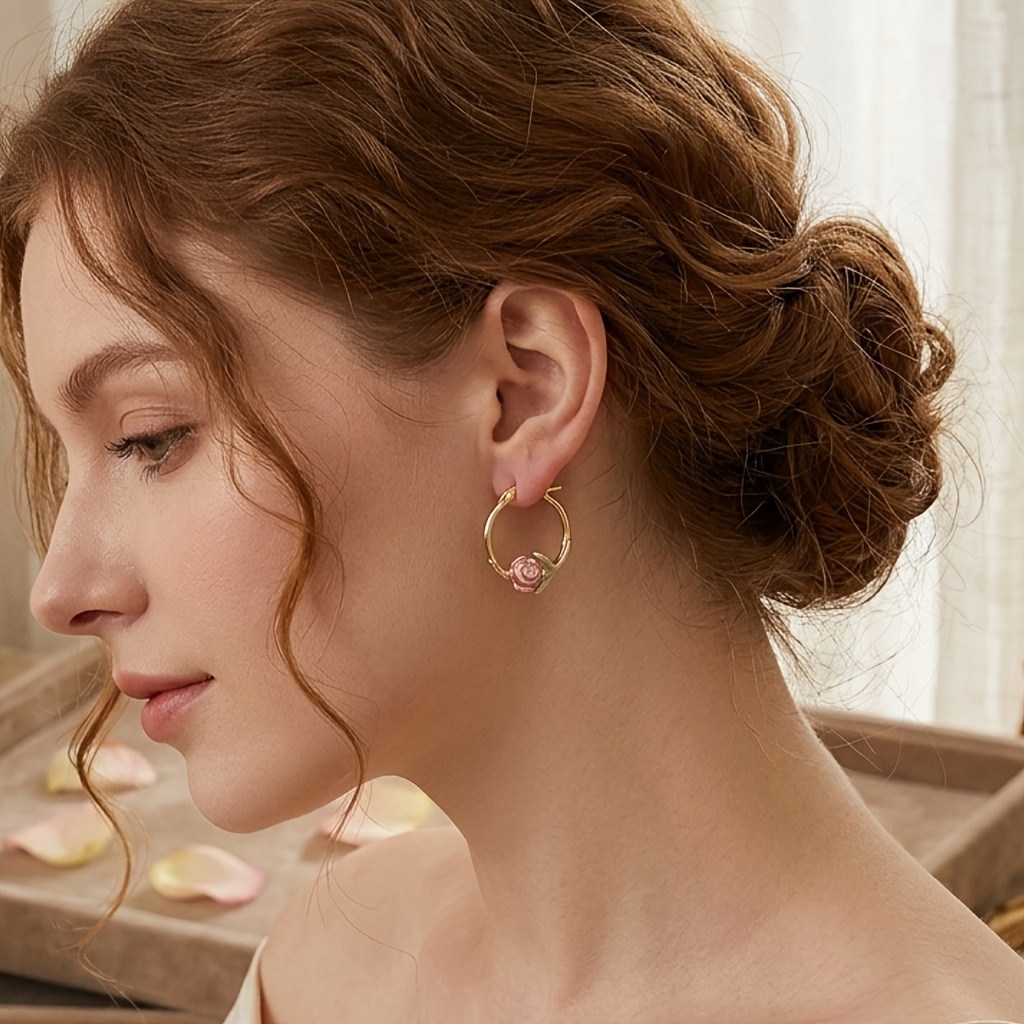 Women's Two-Tone Rose Flower Hoop Earrings, Romantic Design